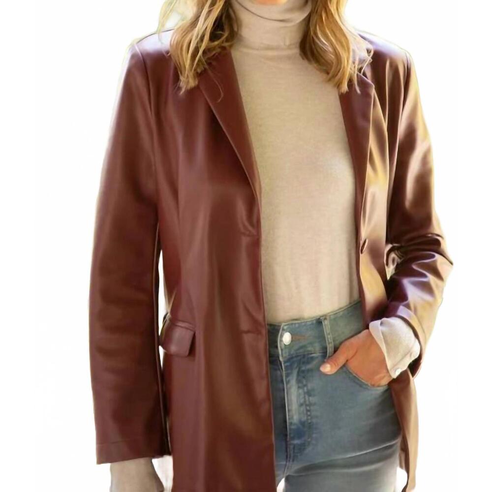 NEW VOY double button faux leather tailored blazer in burgundy